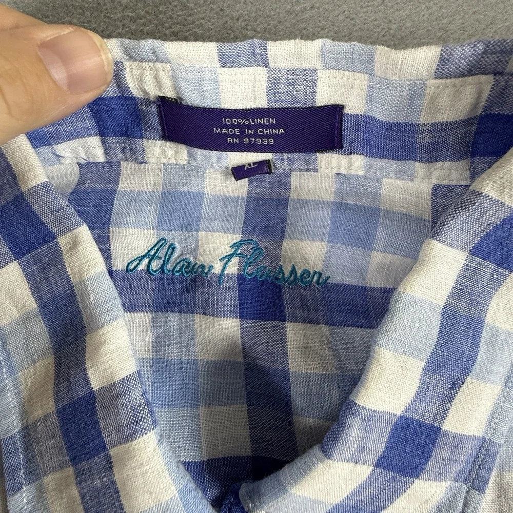 Alan Flusser Mens XL Short Sleeve‎ Button Up Shirt 100% Linen Blue White Plaid